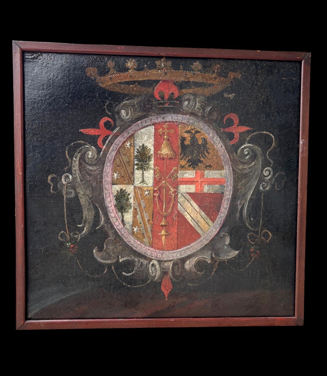 Oil Painting On Canvas Depicting A Noble Coat Of Arms With A Crown.