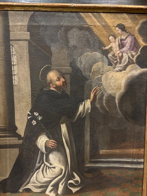 Peinture à l'huile sur toile dans un cadre ancien laqué et doré-photo-3