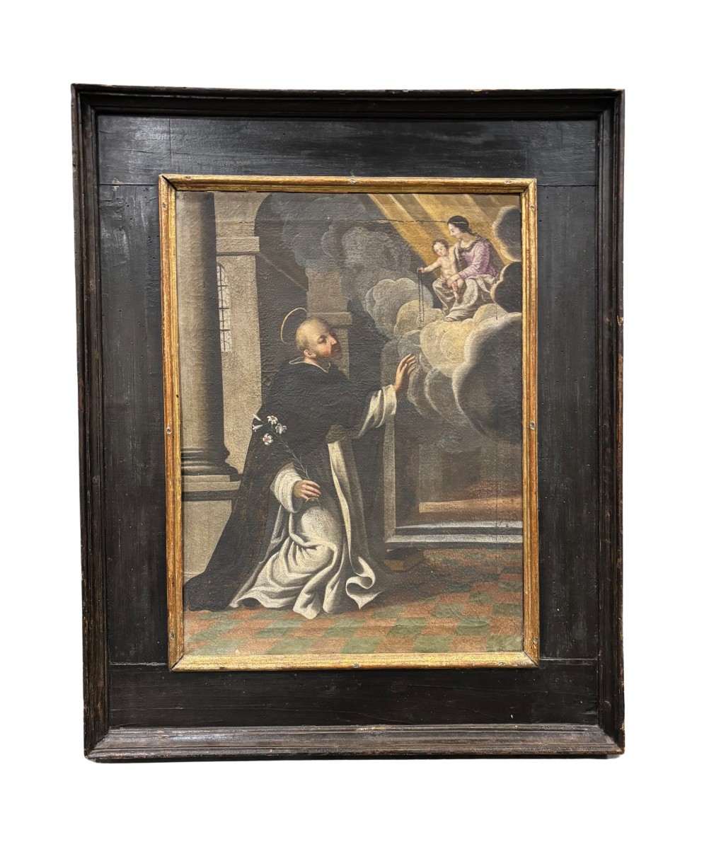 Peinture à l'huile sur toile dans un cadre ancien laqué et doré