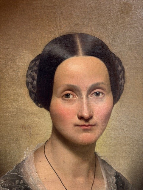 peinture néoclassique, huile sur toile, représentant une dame dans un cadre en bois doré-photo-2