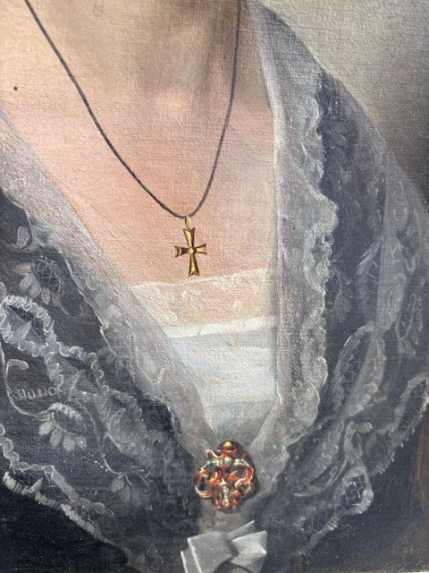 peinture néoclassique, huile sur toile, représentant une dame dans un cadre en bois doré-photo-3