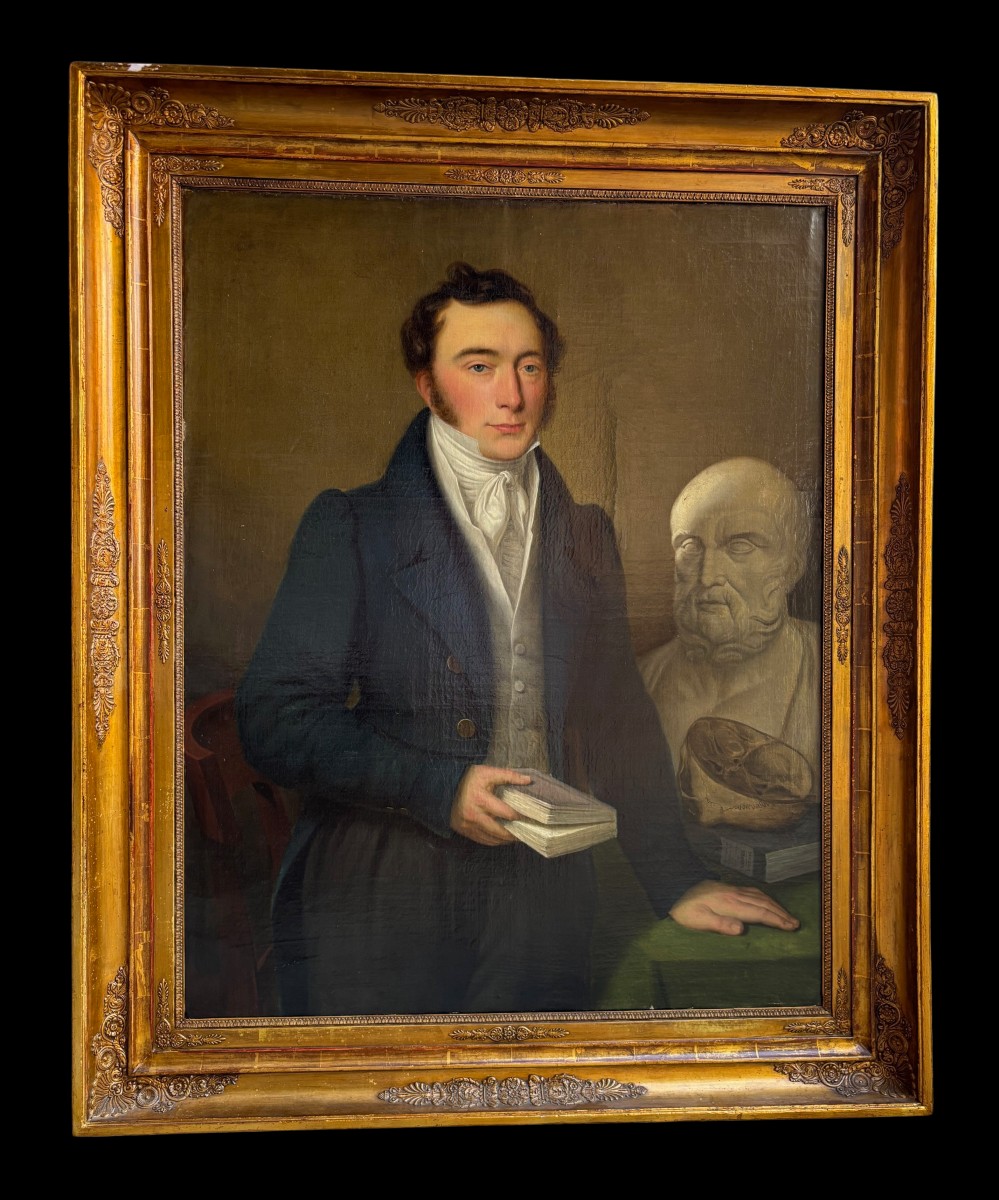 peinture à l’huile sur toile française représentant le portrait d’un médecin 