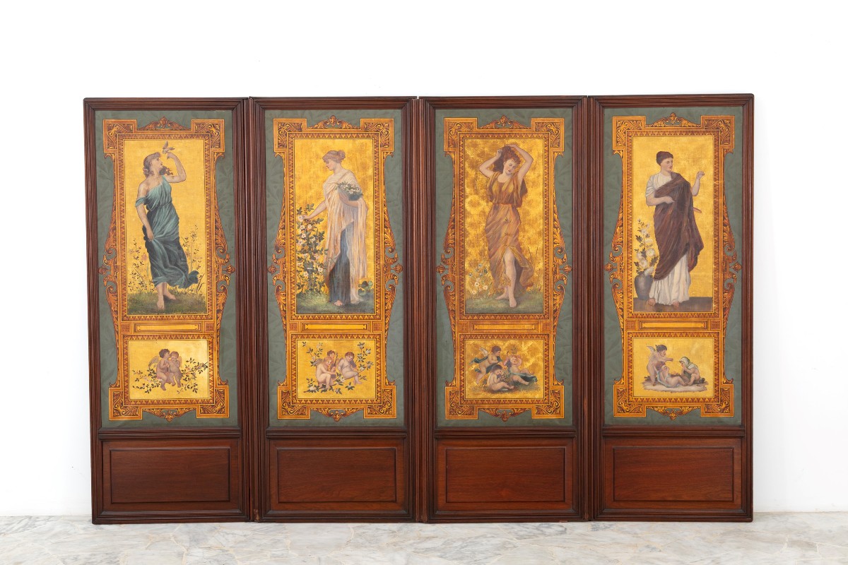 Paravent à 4 portes avec panneaux peints sur toile 