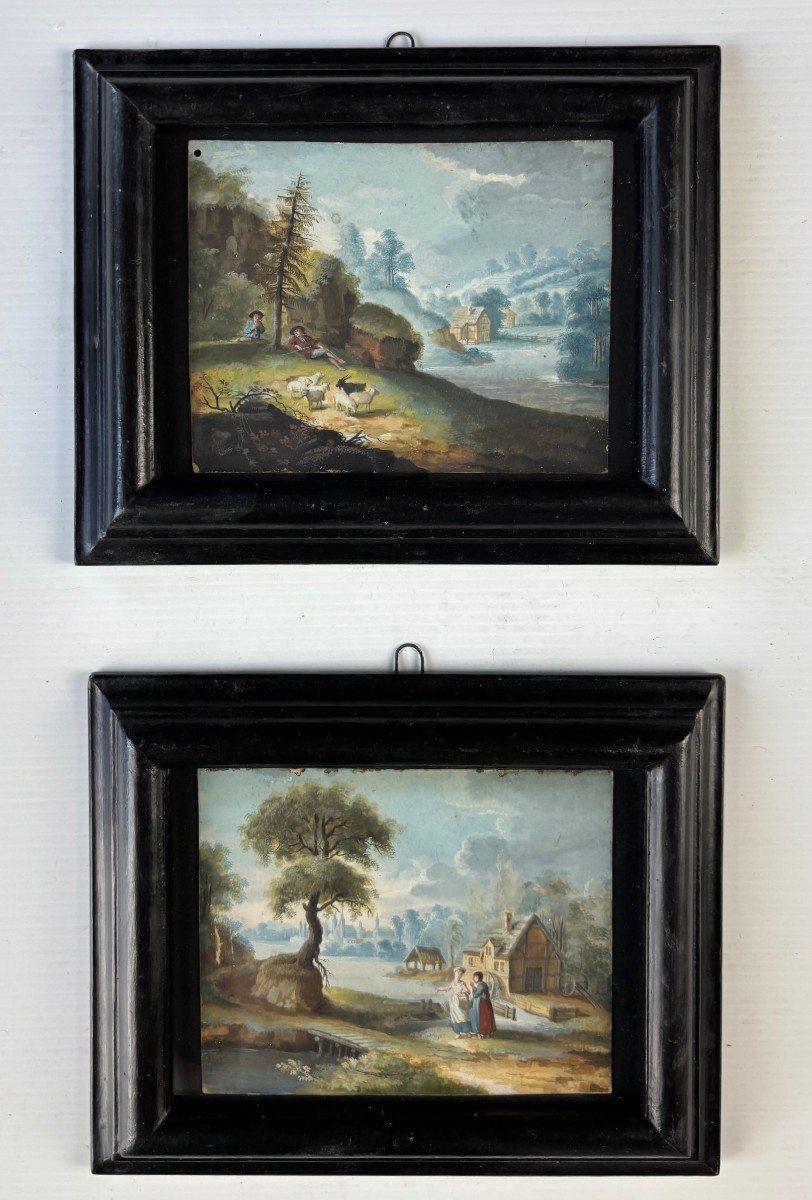 paire de peintures à la tempera sur papier