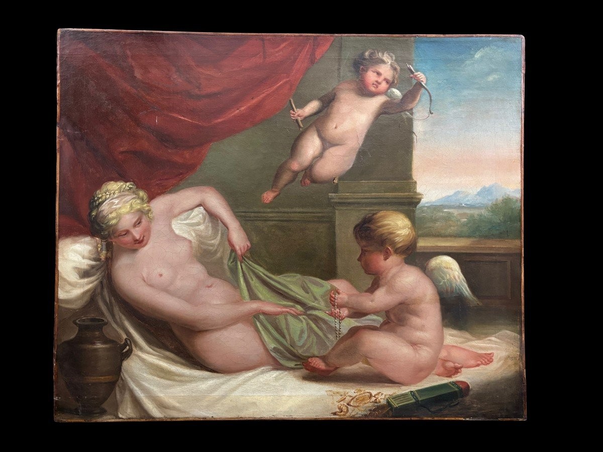 Oil Painting On Canvas Depicting Venus Playing With The Cupids
