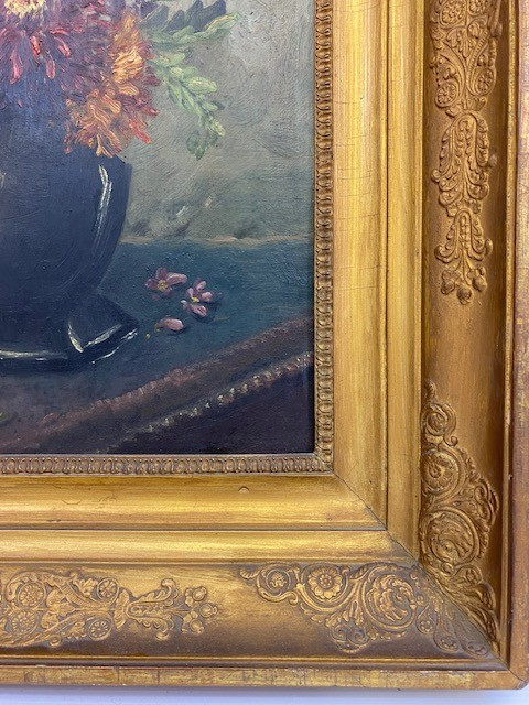 Peinture sur contreplaqué avec cadre en bois doré, provenant de la région française-photo-3