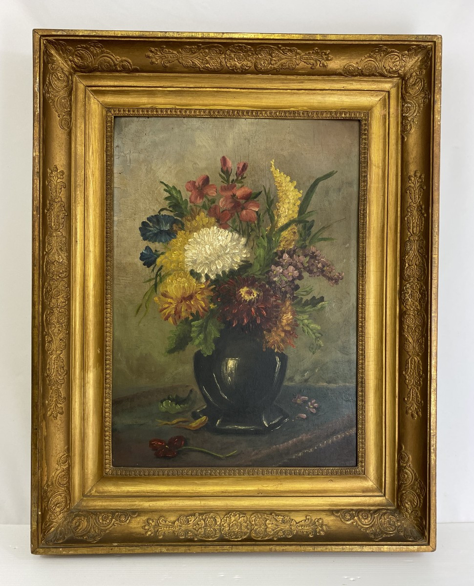 Peinture sur contreplaqué avec cadre en bois doré, provenant de la région française