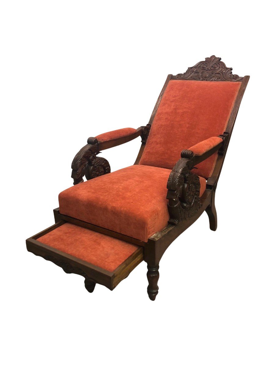 Fauteuil en acajou avec dossier inclinable et repose-pieds-photo-3