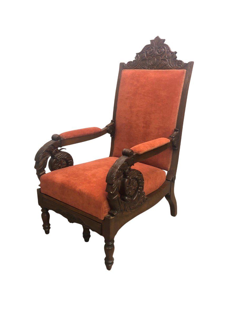 Fauteuil en acajou avec dossier inclinable et repose-pieds