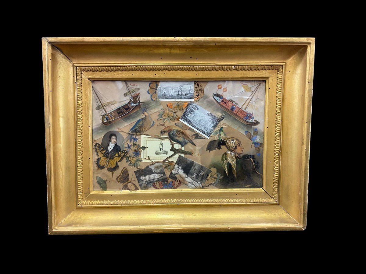 Collages de différentes figures en papier appliquées sur toile, dans son cadre ,  XIXe sièc