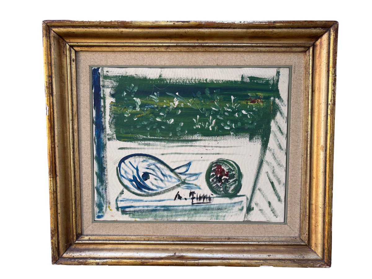 Oil Painting On Canvas Titled "pesce" Signed "a. Funi"