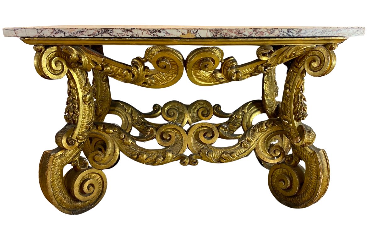 Italian Baroque Console Table In Gilded Wood With A Marble Top Set On A Stone Base.-photo-2