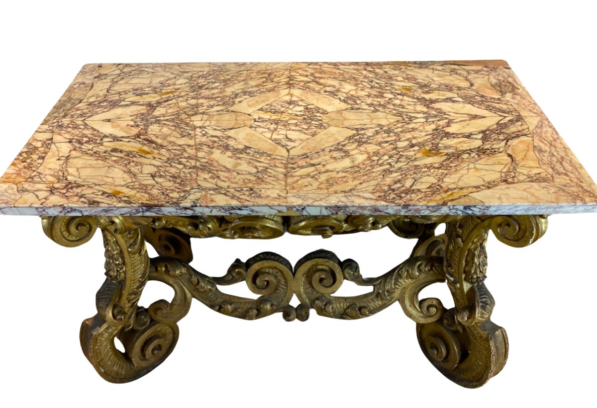 Italian Baroque Console Table In Gilded Wood With A Marble Top Set On A Stone Base.-photo-3