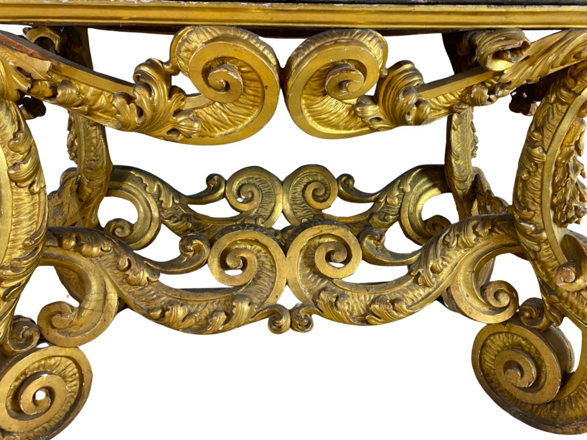 Italian Baroque Console Table In Gilded Wood With A Marble Top Set On A Stone Base.-photo-4