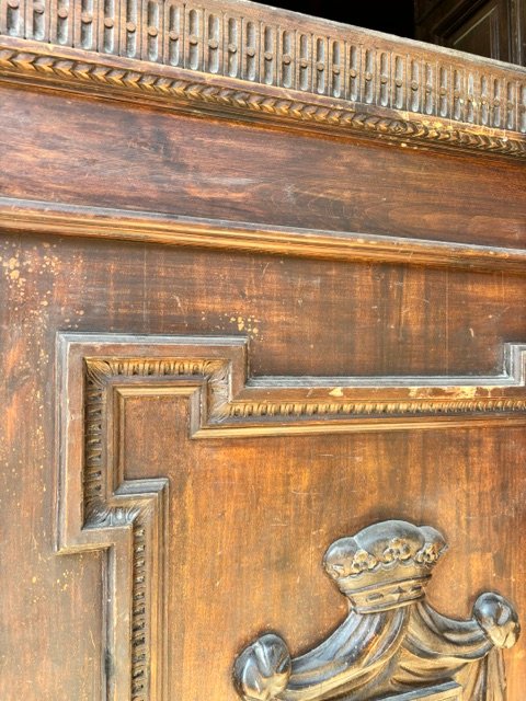 Antique Door Made Of Weathered Fir With A Coat Of Arms And Relief Moldings-photo-3