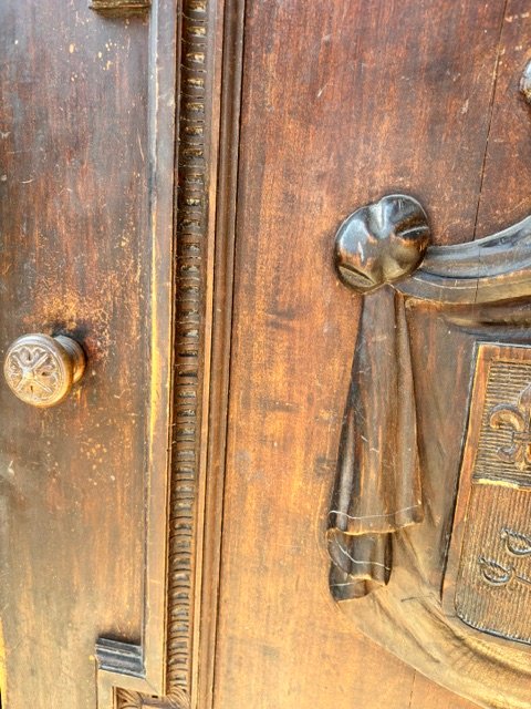 Antique Door Made Of Weathered Fir With A Coat Of Arms And Relief Moldings-photo-4