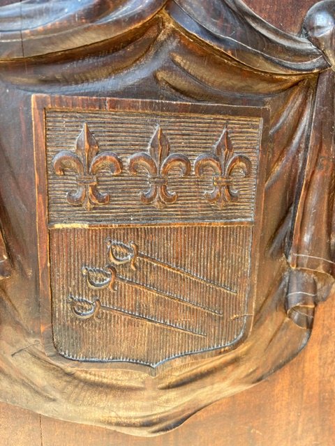 Antique Door Made Of Weathered Fir With A Coat Of Arms And Relief Moldings-photo-1