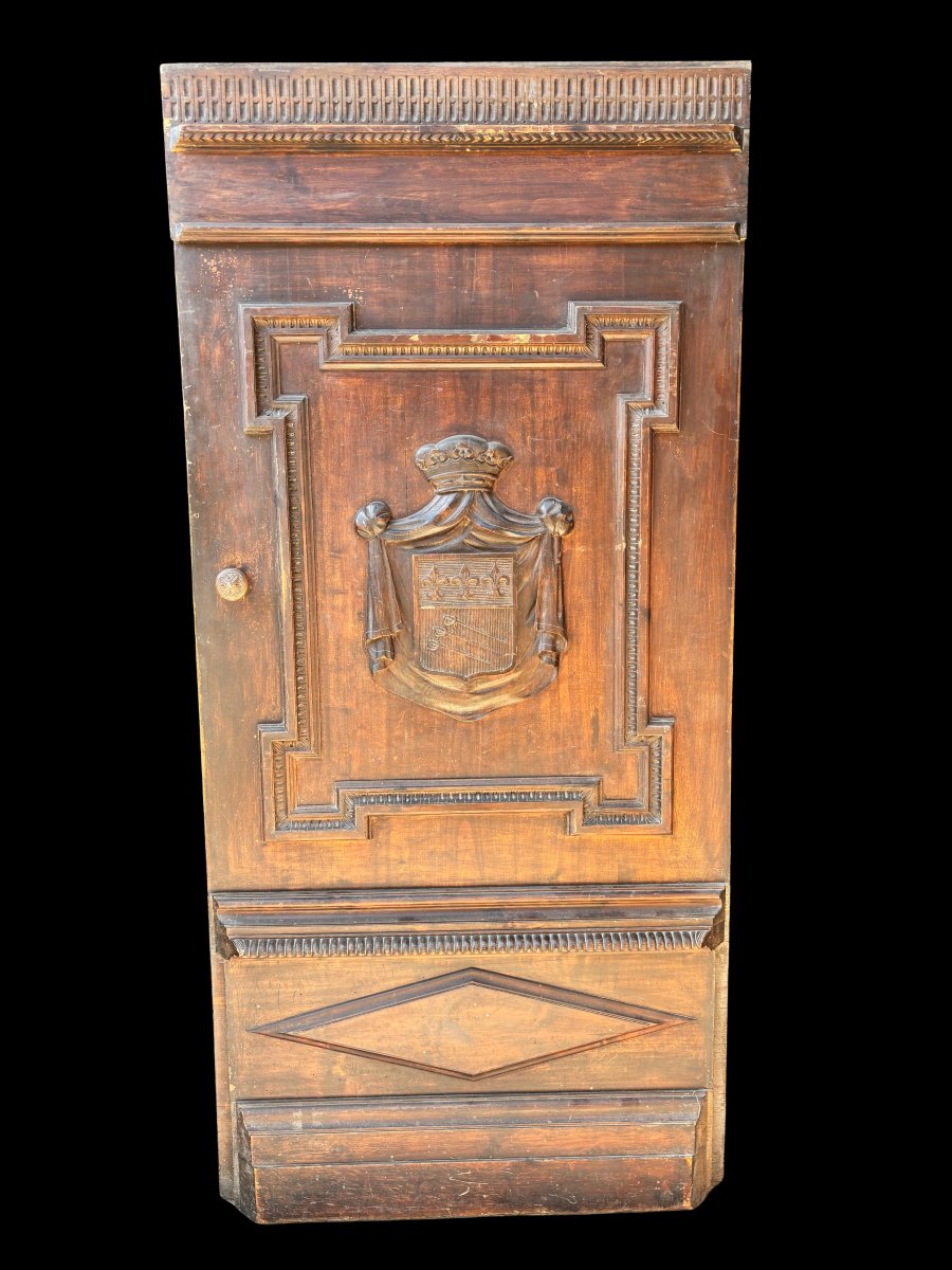Antique Door Made Of Weathered Fir With A Coat Of Arms And Relief Moldings