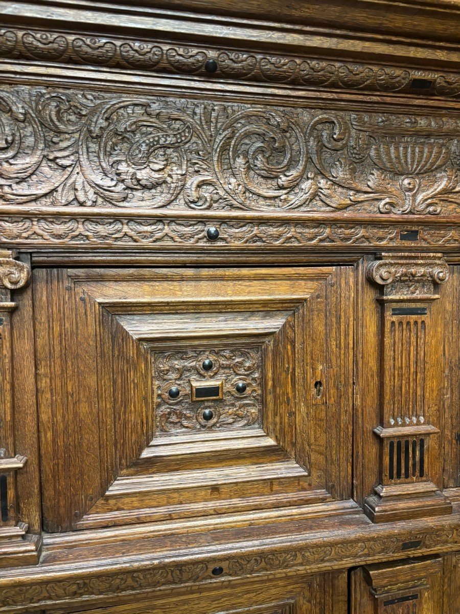 Large French Sideboard Made Of Carved Oak With Ebonized Decorations-photo-4