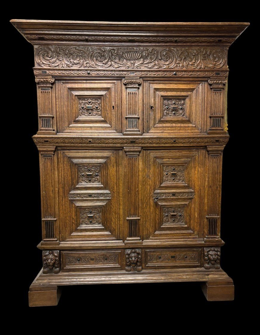 Large French Sideboard Made Of Carved Oak With Ebonized Decorations