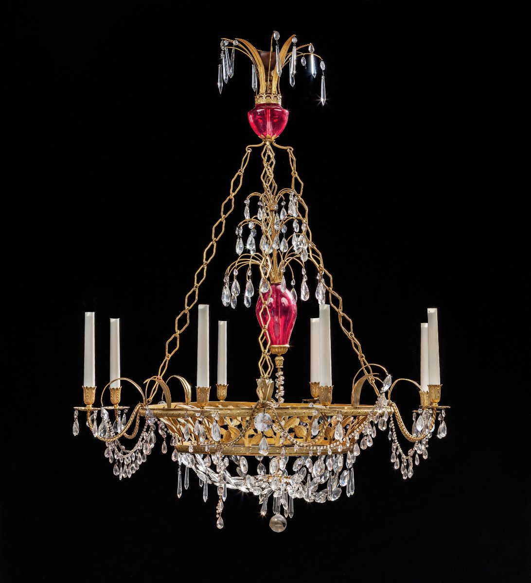 Swedish Chandelier Made Of Gilded Bronze, Glass, And Rose-colored Glass-photo-2