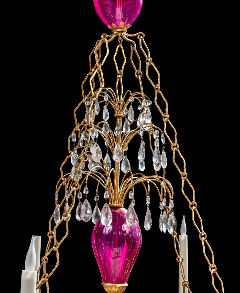 Swedish Chandelier Made Of Gilded Bronze, Glass, And Rose-colored Glass-photo-3