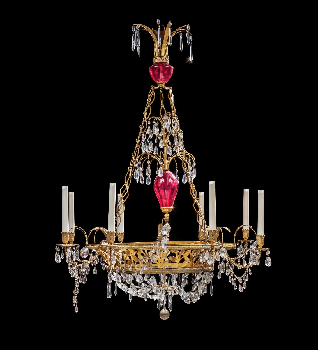 Swedish Chandelier Made Of Gilded Bronze, Glass, And Rose-colored Glass-photo-4