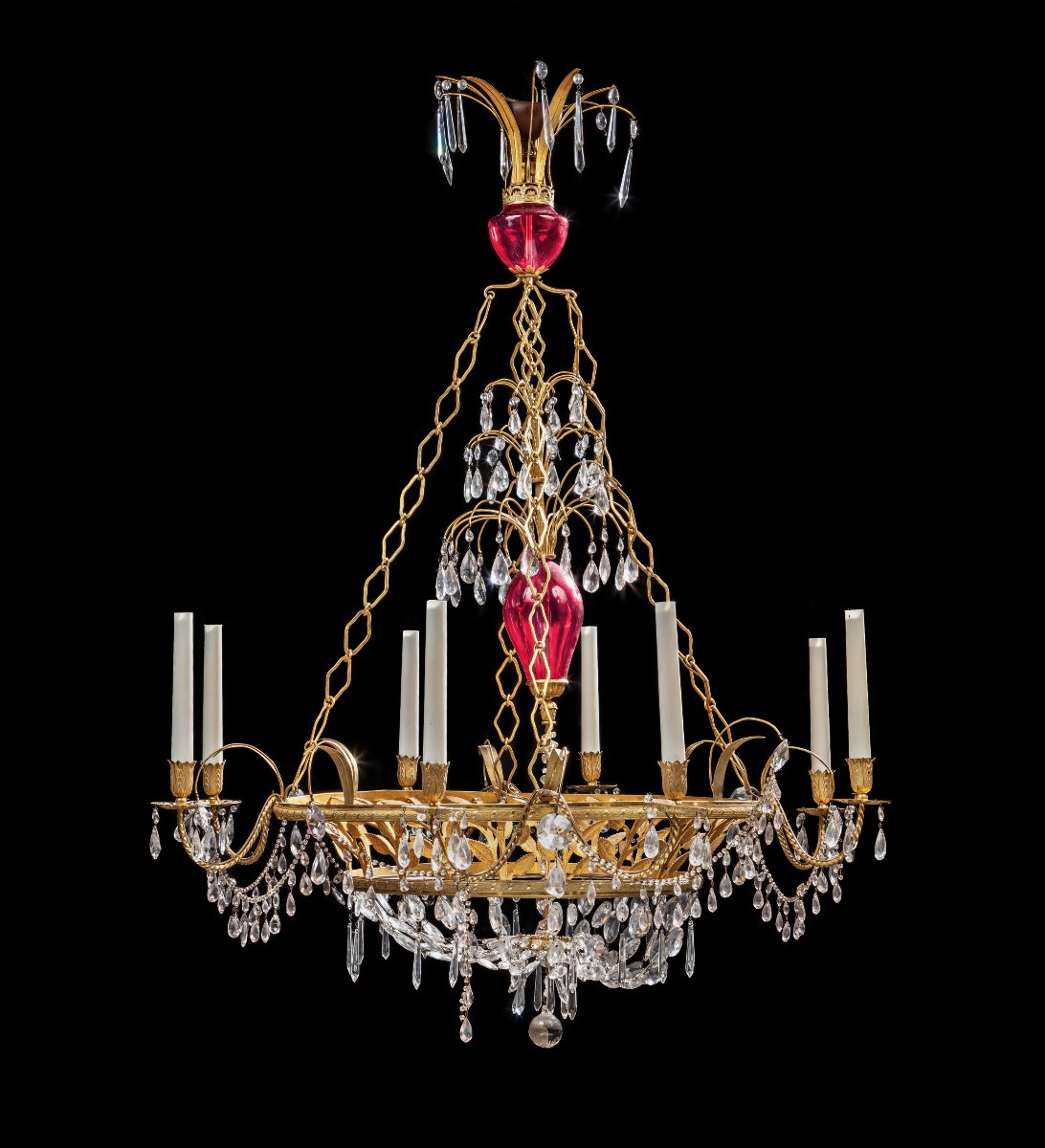 Swedish Chandelier Made Of Gilded Bronze, Glass, And Rose-colored Glass