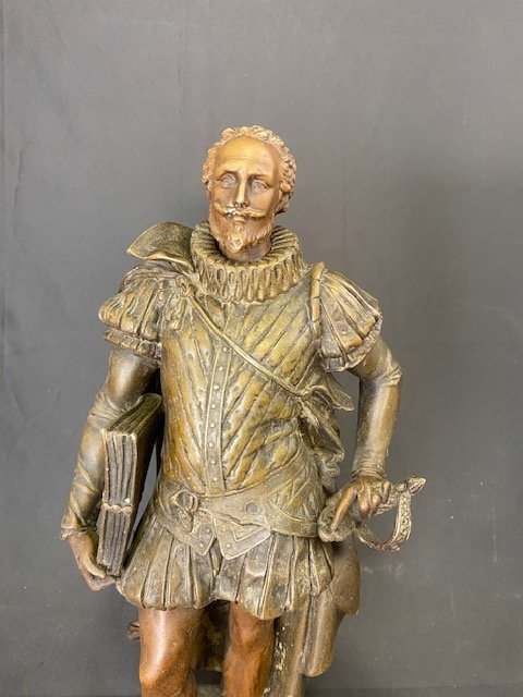 Sculpture représentant Cervantès en antimoine, avec la marque de la fonderie sur le socle.-photo-1