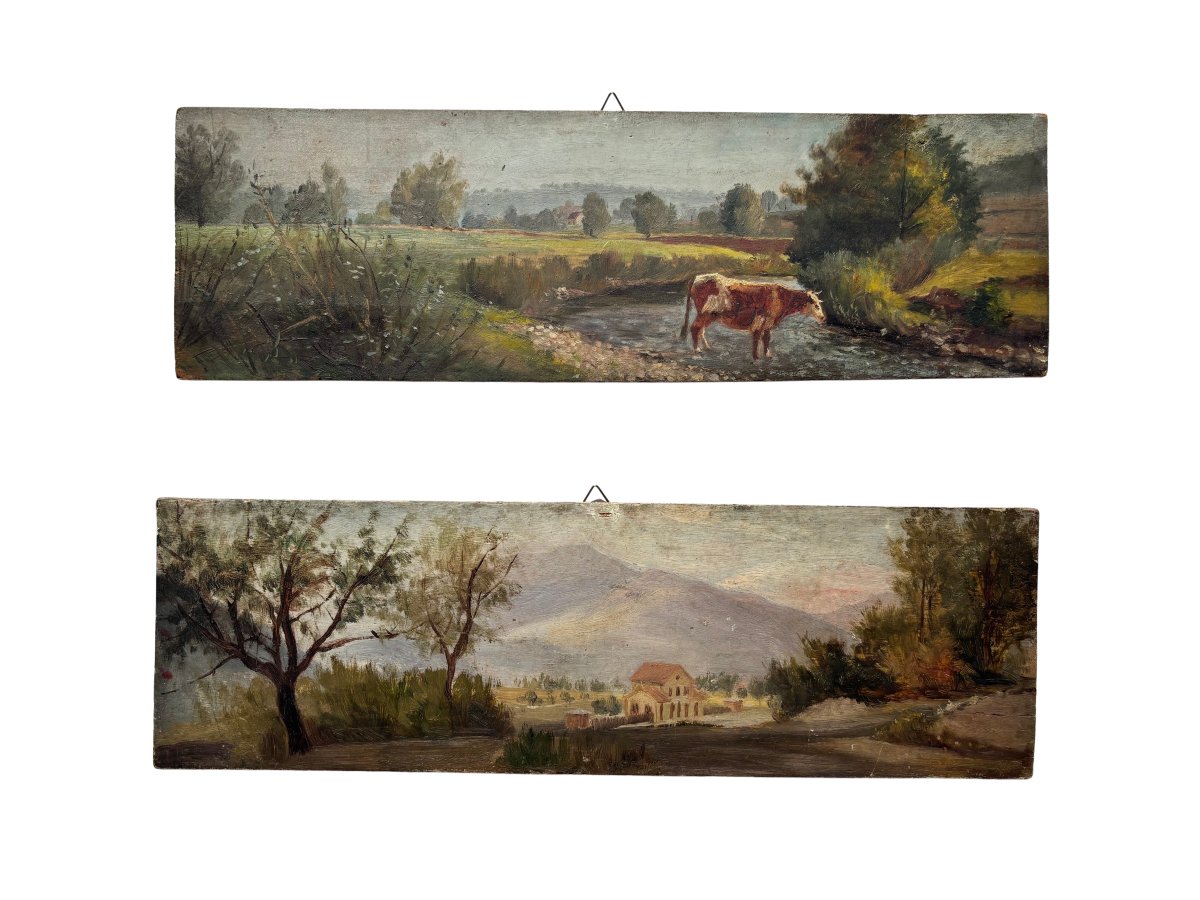 Paire de petits tableaux sur panneaux de bois représentant des scènes rurales