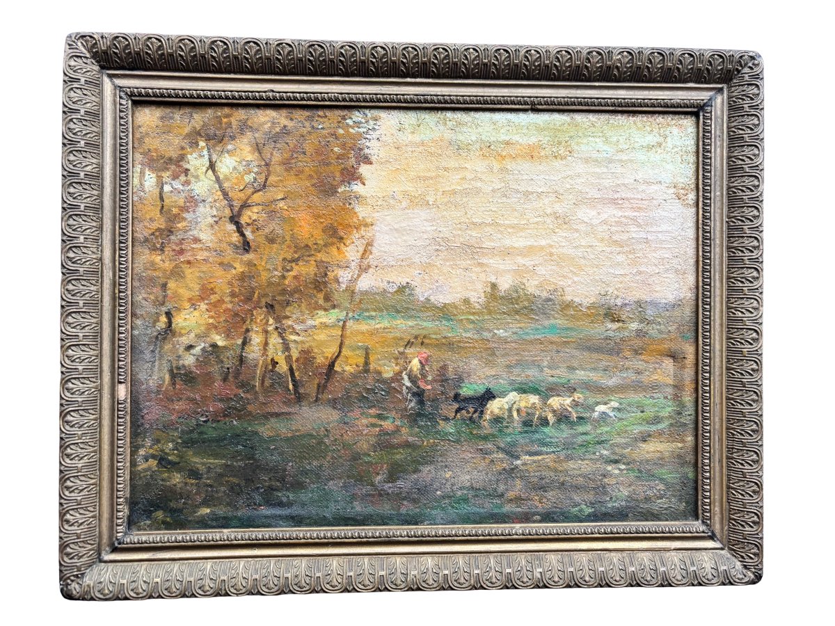 Peinture sur toile représentant un paysage rural