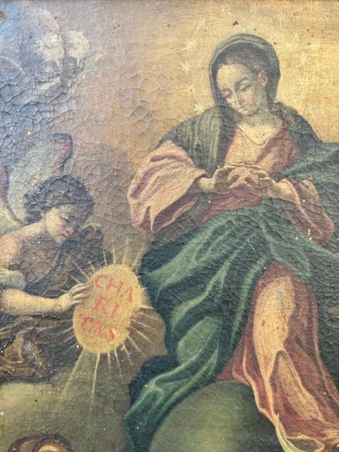 Peinture à l'huile sur toile représentant l'Assomption de la Vierge avec des Saints-photo-2
