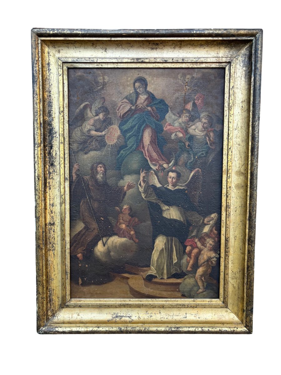 Peinture à l'huile sur toile représentant l'Assomption de la Vierge avec des Saints