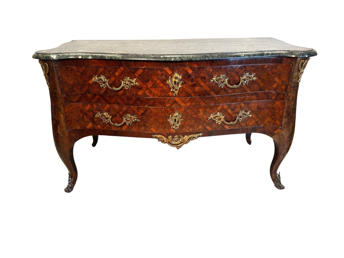 2-drawer Dresser Veneered In Fine Woods With A Lid Veneered In Green Marble 