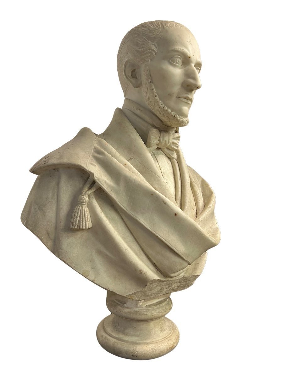 A Male Bust In White Marble, Signed "b. Pollari 1849" On The Back;-photo-2