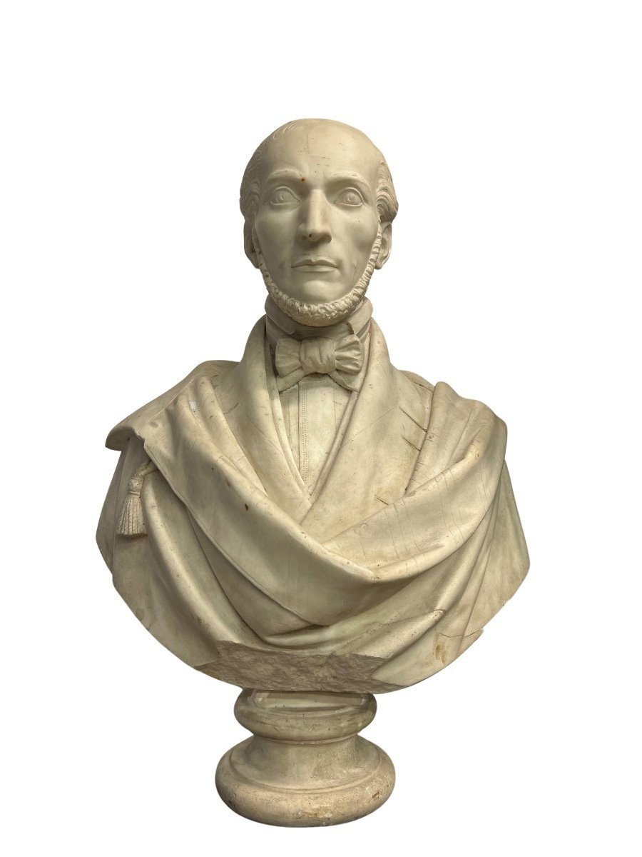A Male Bust In White Marble, Signed "b. Pollari 1849" On The Back;-photo-3
