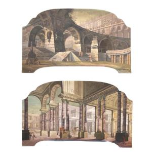 Pair Of Large Tempera Paintings On Canvas Depicting Architecture