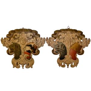 Pair Of Polychrome Coats Of Arms In Carved Wood