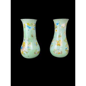 Pair Of Glass Vases Decorated With Oriental Paper Figurines