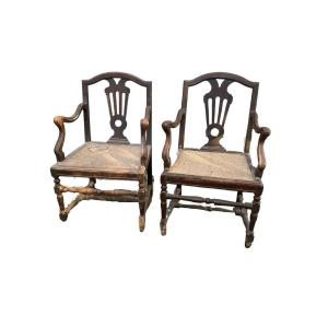 Pair Of Piedmontese Armchairs With Straw Seat