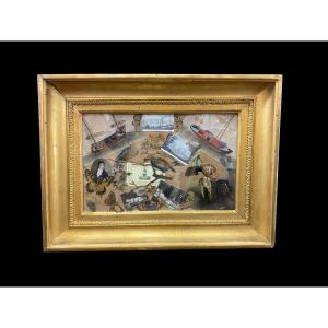 Collage Of Different Figures In Paper Applied On Paper, In A Contemporary Frame 