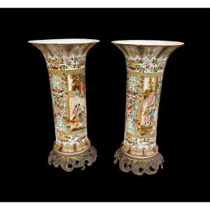 Pair Of Piedmontese Terracotta Vases Decorated With Chinoiserie With Gilded Bronze Bases