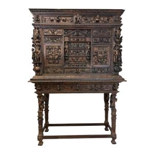 Genoese Walnut "bambocci" Cabinet With Equally Sculpted Base (sculpted Figures Dating Back To T