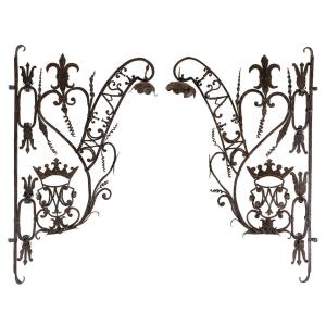Pair Of Forged And Perforated Iron Weathervanes With Crowned Monogram