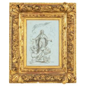 Ink Drawing On Paper In Carved And Gilded Wooden Frame