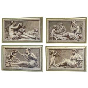 4 panneaux peints sur toile en grisaille représentant les 4 saisons avec des cadres en bois pei