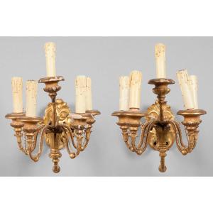 Pair Of Metal And Gilded Wood Light Points