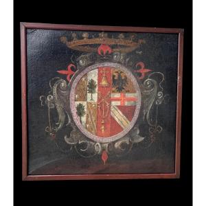 Peinture à l'huile sur toile représentant un blason noble surmonté d'une couronn