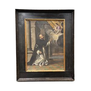 Oil Painting On Canvas In An Antique Lacquered And Gilded Frame