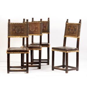 Set Of 4 Walnut Chairs With Leather Upholstery Embossed With Coats Of Arms 